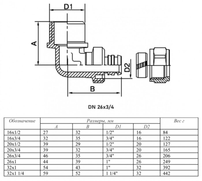 Угольник 90 градусов VALTEC VTm.353 НР 3/4" DN 26x20 PN 10 латунный никелированный