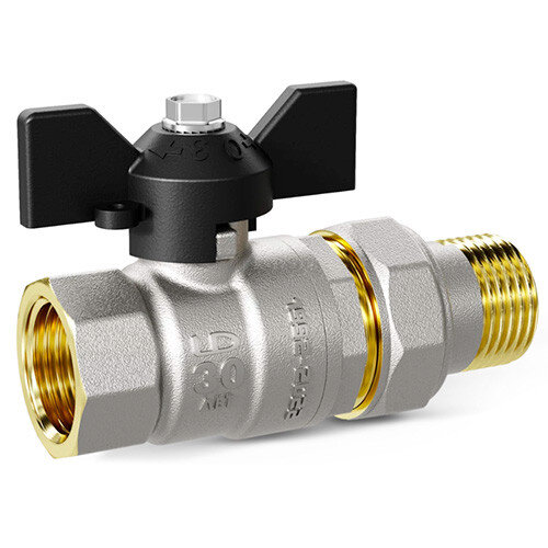 Кран шаровой латунный LD Pride 47.25.В-ГШ.Б Ду 25 Ру 40 резьба (ВР-НР) 1", никелированный с черной бабочкой, неполнопроходный