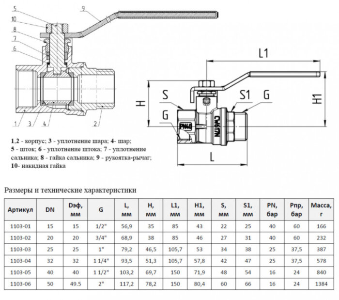 Кран шаровой латунный Aquasfera Standard 1103 DN 40 PN 16 резьба - 1 1/2'', покрытие - никель, неполнопроходной резьбовой ВР-НР, ручка-рычаг белая 1103-05