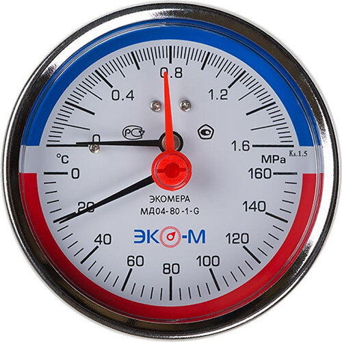 Термоманометр ЭКОМЕРА МД04-80 Ду 80 мм Ру 0-1,6 МПа Т 0-160C 1/4'' L=60 мм с переходником на 1/2''