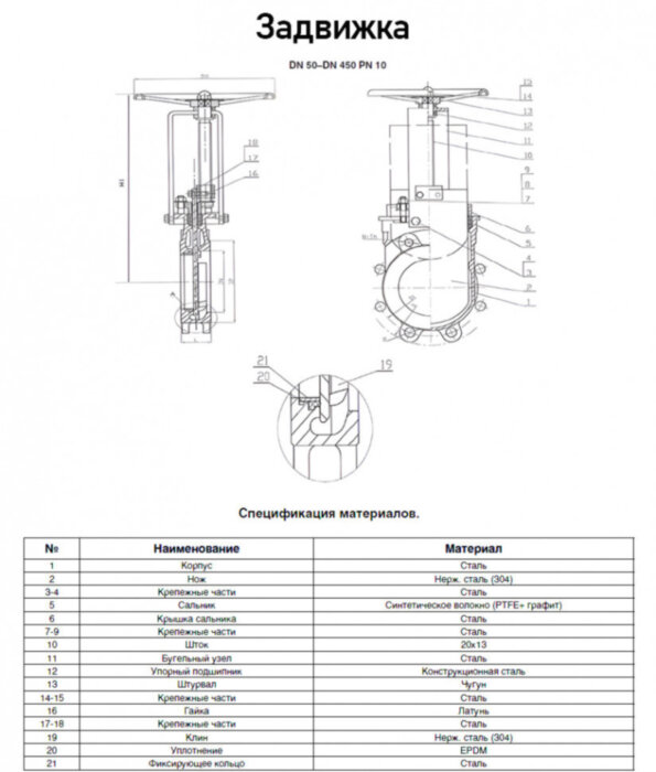 Задвижка Kvant KV02 DN 65 PN 10 шиберная межфланцевая со штурвалом
