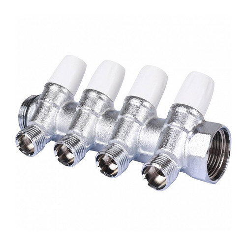 Коллектор распределительный Tiemme Maxima 1860004 4 отвода ВР-НР 3/4"х1/2" DN 20 PN 10 с регулирующими клапанами модульный