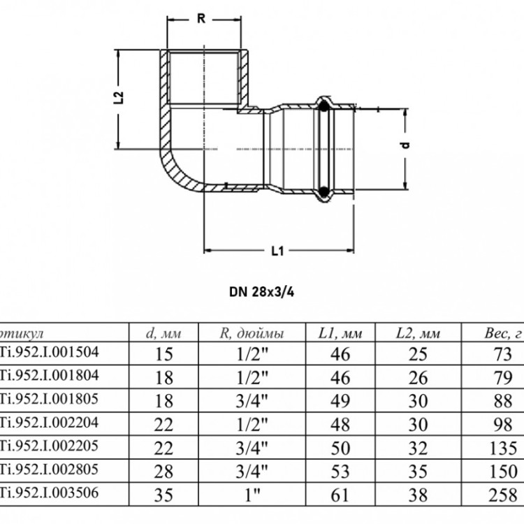 Угольник 90 градусов VALTEC VTi.952.I ВР 3/4" DN 28x20 PN 16 нержавеющая сталь 2