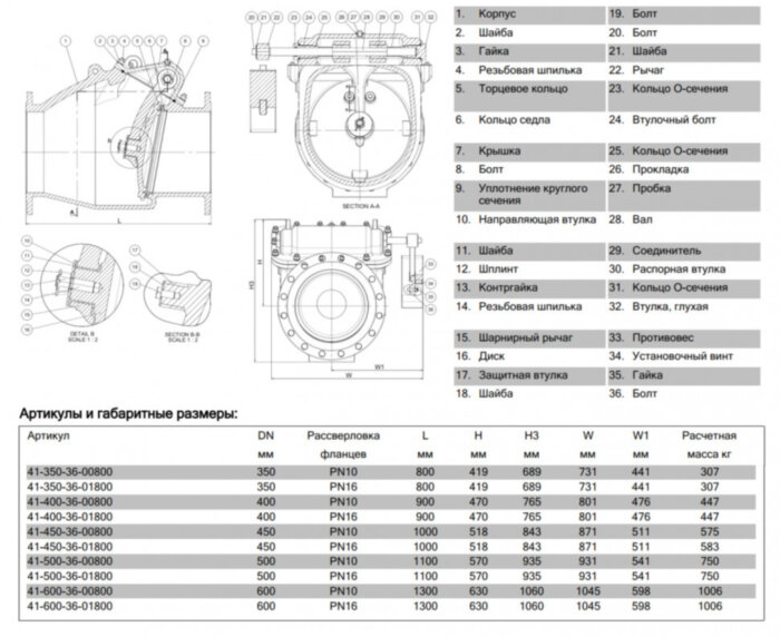 Клапан AVK 41/36 DN 600 PN 10 обратный поворотный с металлическим уплотнением фланцевый