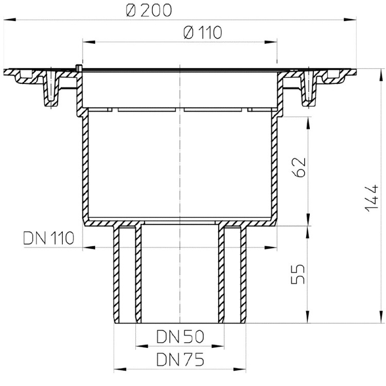Корпус трапа HL310NK-3020 DN50/75/110 вертикальный выпуск, монтажная заглушка 2