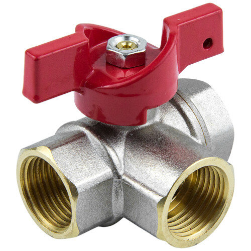Кран шаровой латунный трехходовой Aquasfera EURO 1021 DN 20 PN 40 резьба - 3/4'', покрытие - никель, полнопроходной резьбовой ВР-ВР-ВР, ручка-бабочка красная 1021-02