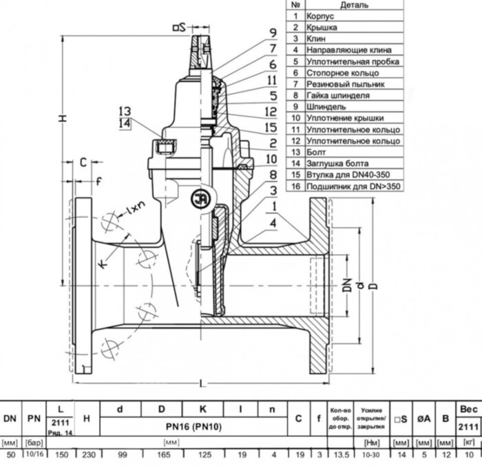 Задвижка JAFAR 2111 DN 50 PN16 фланцевая клиновая чугунная с обрезиненным клином