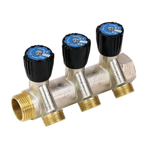 Коллектор распределительный латунный Aquasfera 9039 DN 15/20 PN 16 резьба - 3/4"х1/2"х2, покрытие - никель, с регулирующими клапанами под плоскость, резьбовой ВР-НР, 9039-01