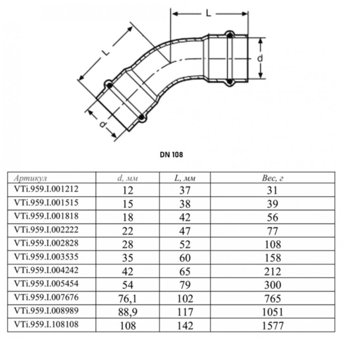 Угольник 45 градусов VALTEC VTi.959.I DN 108 PN 16 двухраструбный нержавеющая сталь