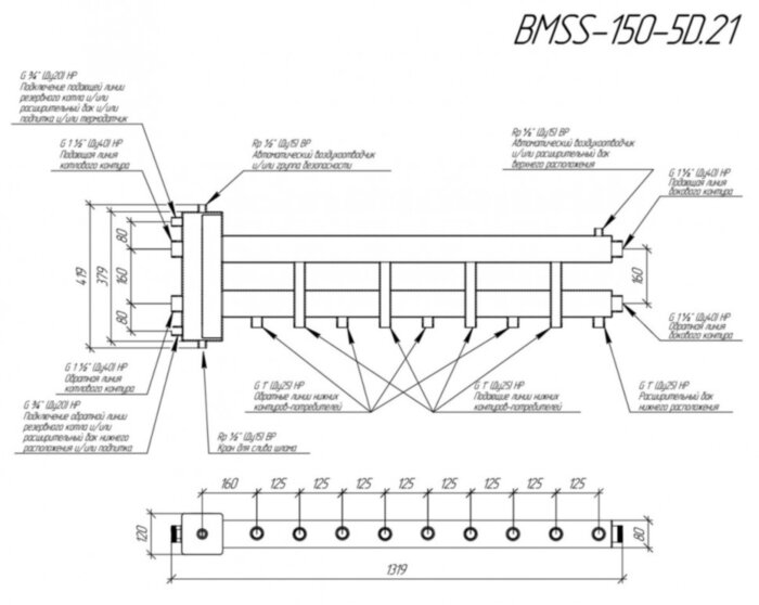 Коллектор распределительный GIDRUSS BMSS-150-5D 5-ти контурный НР 1 1/2"x1" Ду 40 Ру 6 балансировочный