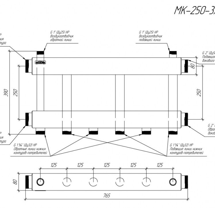 Коллектор распределительный GIDRUSS MK-250-3x32 3-х контурный НР 2" Ду 50 Ру 6 модульный 3
