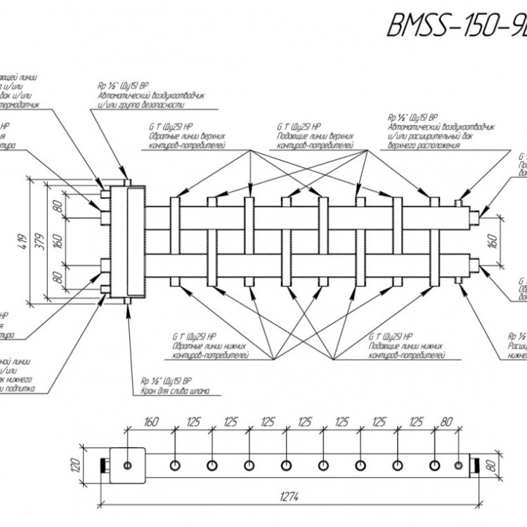 Коллектор распределительный GIDRUSS BMSS-150-9DU 9-ти контурный НР 1 1/2"x1" Ду 40 Ру 6 балансировочный 2