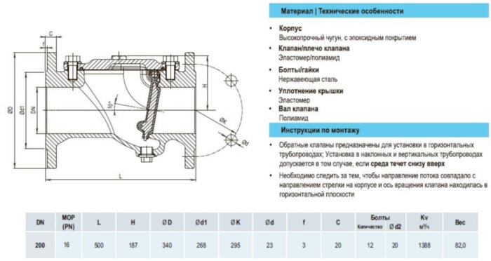Клапан обратный HAWLE 9831 DN 200 PN 16 фланцевый