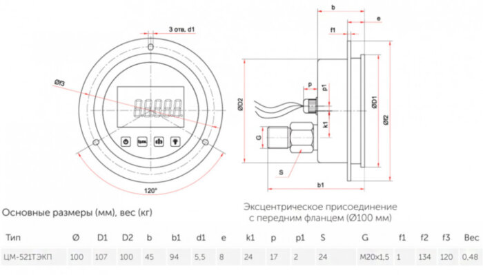 Вакуумметр РОСМА ЦМ-В-521ТЭКП (-0,1...0 MПa) Дкорп=100мм кл. 0,25 M20x1,5 цифровой эксцентрический, электропитание от блока УТ-00052266