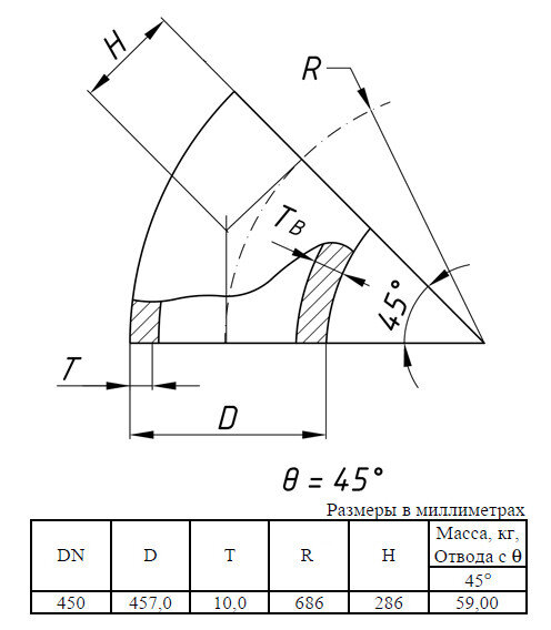 Отвод стальной 45-1-457х10-09Г2С ГОСТ 17375-2001 бесшовный крутоизогнутый