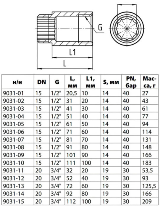 Удлинитель латунный Aquasfera 9031 DN 15 PN 40 резьба - 1/2'', покрытие - хром, L=41 мм, резьбовой ВР-НР, 9031-03