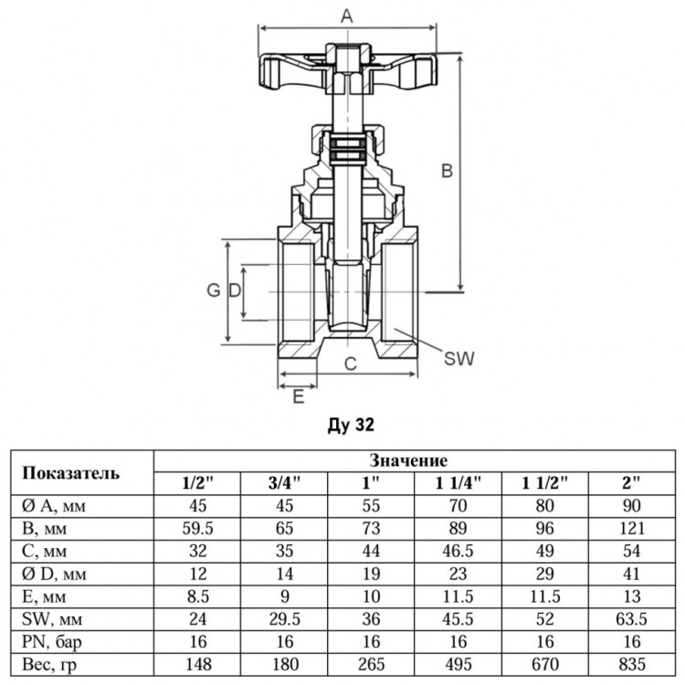 Задвижка клиновая VALFEX VF.04 ВР 1 1/4" Ду 32 Ру 16 латунная 2