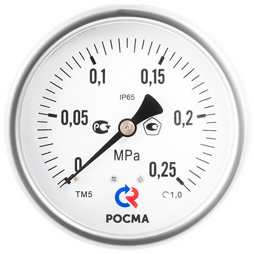 Манометр РОСМА ТМ-520ТЭ.00 (0...2,5 МПа) Дкорп=100мм кл. 1,0 G1/2" виброустойчивый (готовый к гидрозаполнению) эксцентрический 00000006258