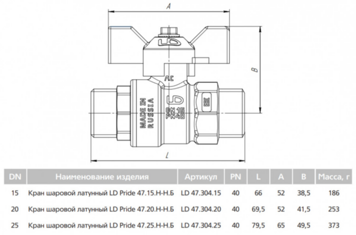 Кран шаровой латунный LD Pride 47.20.Н-Н.Б Ду 20 Ру 40 резьба (НР-НР) 3/4", никелированный с черной бабочкой, неполнопроходный