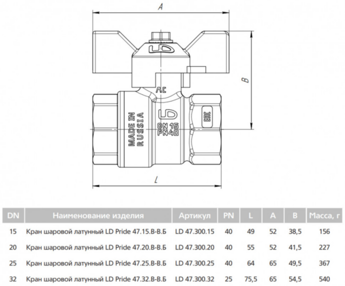 Кран шаровой латунный LD Pride 47.32.В-В.Б Ду 32 Ру 25 резьба (ВР-ВР) 1 1/4", никелированный с красной бабочкой, неполнопроходный