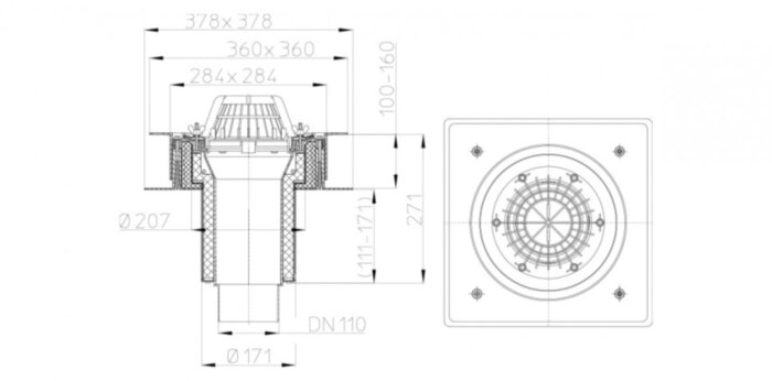 Кровельная воронка HL63/1 DN 110 с монтажным коробом для кровель из профлиста