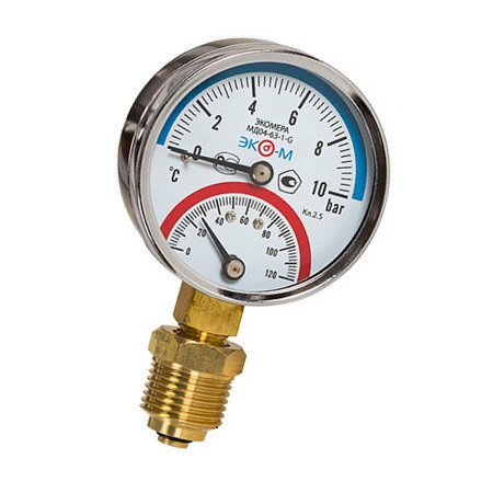Термоманометр радиальный Дк80 16 бар L=46мм с переходником на G1/2" G1/4" 120С ЭКОМЕРА