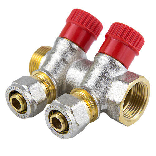 Коллектор латунный Aquasfera 7018 DN 16/20 PN 16 резьба - 3/4"х16х3, покрытие - никель, с регулирующими клапанами, резьбовой ВР-НР/компрессионный, ручка-маховик красная, 7018-02