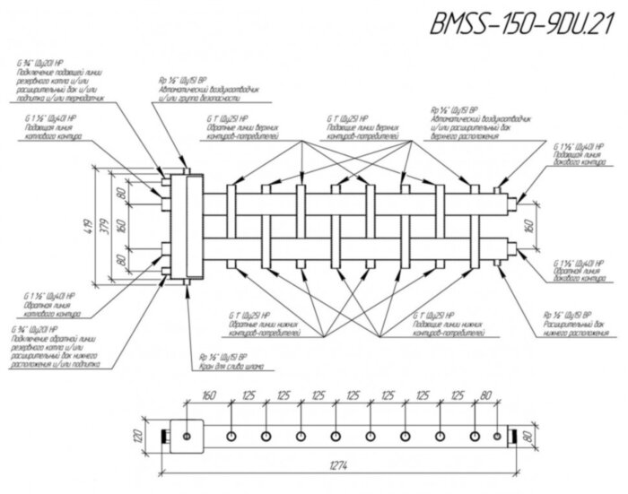 Коллектор распределительный GIDRUSS BMSS-150-9DU 9-ти контурный НР 1 1/2"x1" Ду 40 Ру 6 балансировочный