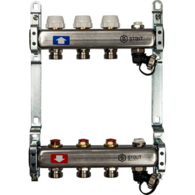 Коллектор STOUT без расходомеров с клапаном вып. воздуха и сливом 3 выхода