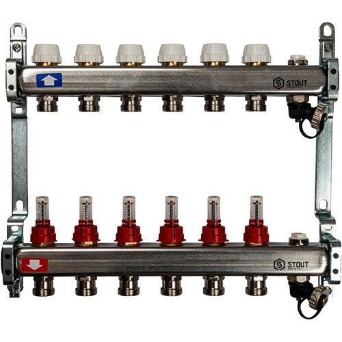 Коллектор STOUT с расходомерами с клапаном вып. воздуха и сливом 6 выходов