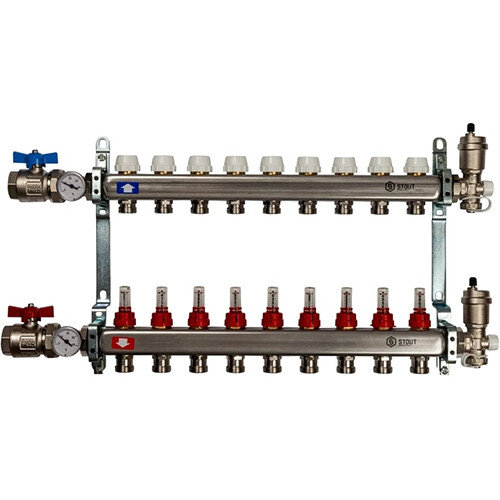 Коллектор STOUT в сборе с расходомерами 9 выходов