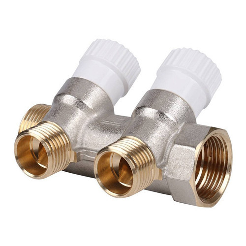 Коллектор распределительный STOUT SMB 6851 2 отвода ВР-НР 3/4"х1/2" DN 20 PN 10 с запорными клапанами