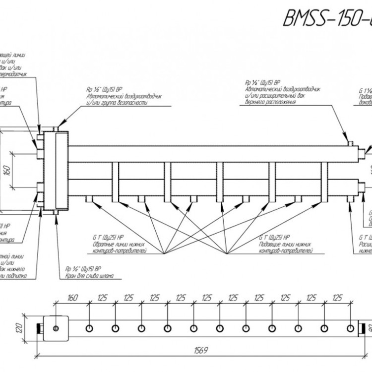Коллектор распределительный GIDRUSS BMSS-150-6D 6-ти контурный НР 1 1/2"x1" Ду 40 Ру 6 балансировочный 2