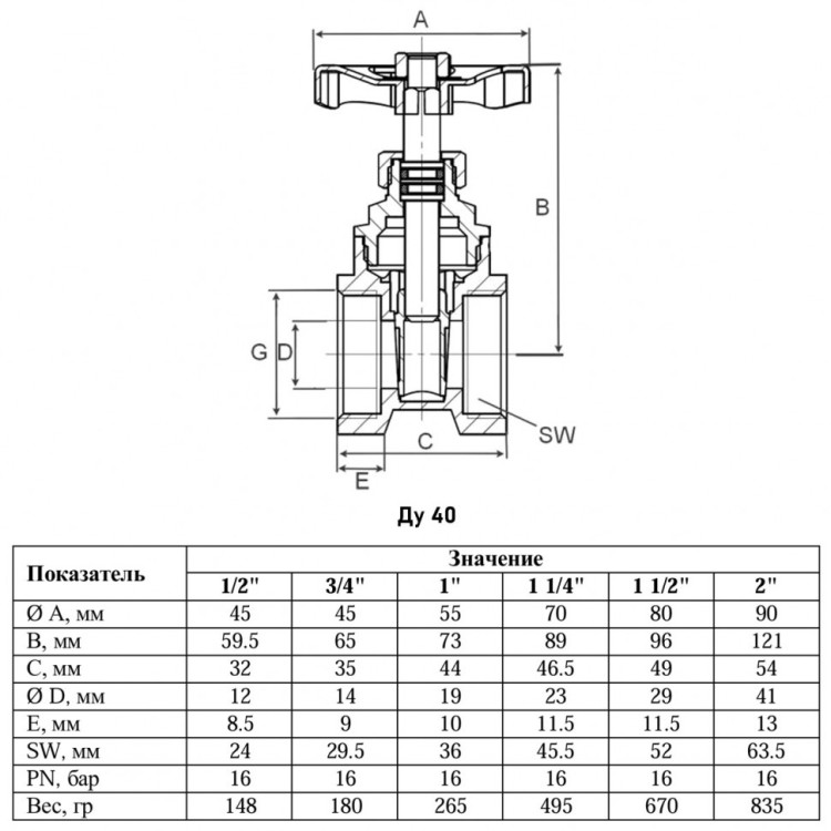 Задвижка клиновая VALFEX VF.04 ВР 1 1/2" Ду 40 Ру 16 латунная 2