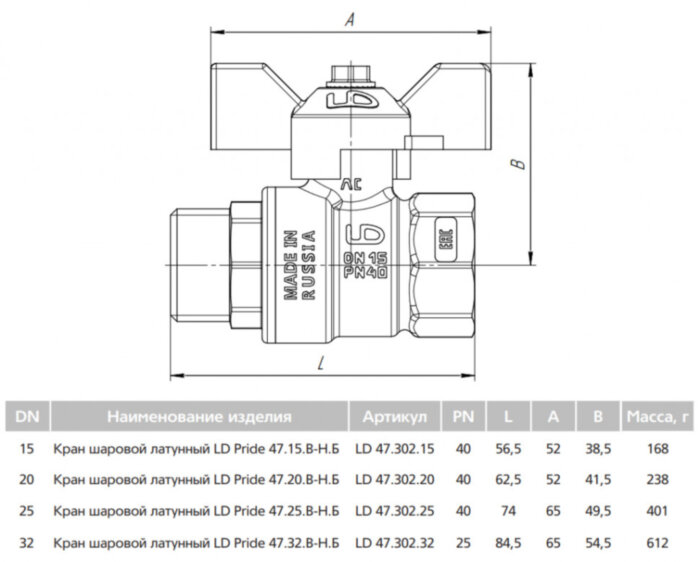 Кран шаровой латунный LD Pride 47.15.В-Н.Б Ду 15 Ру 40 резьба (ВР-НР) 1/2", никелированный с черной бабочкой, неполнопроходный
