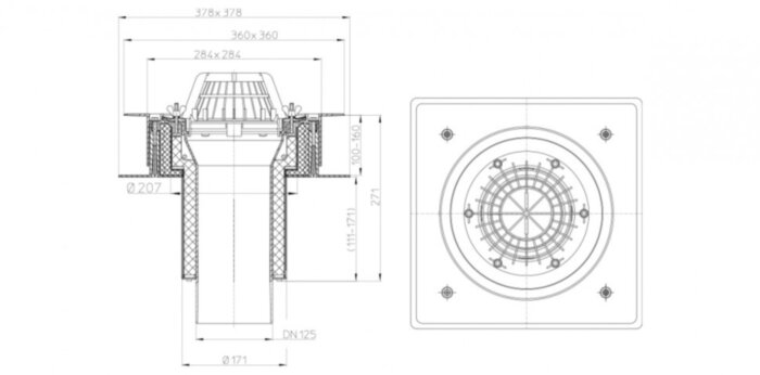 Кровельная воронка HL63/2 DN 125 с монтажным коробом для кровель из профлиста