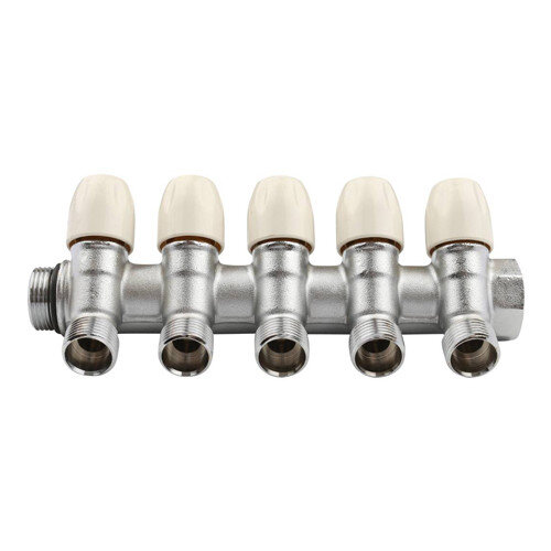 Коллектор распределительный Tiemme Maxima 1860010 5 отвода ВР-НР 3/4"х1/2" DN 20 PN 10 с регулирующими клапанами модульный