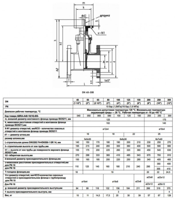 Задвижка клиновая ABRA A40-BS DN 200 PN 16 чугунная фланцевая с голым штоком