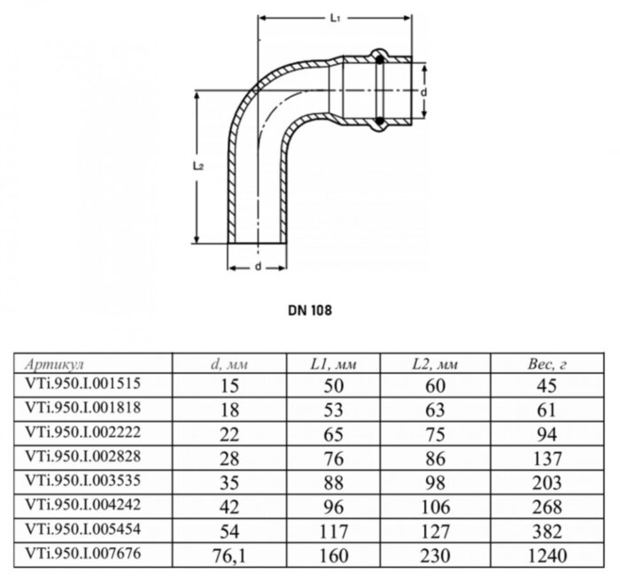 Угольник 90 градусов VALTEC VTi.950.I DN 108 PN 16 однораструбный нержавеющая сталь