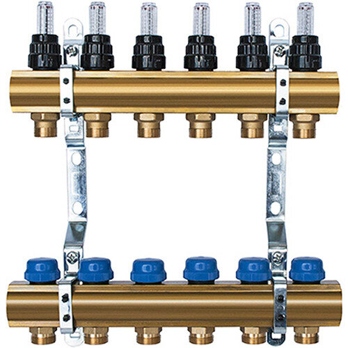 Коллекторная группа из латуни Stahlmann SML0001/03410BR 1"x3/4" 10 выходов под евроконус с расходомерами