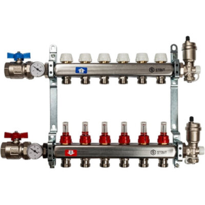 Коллектор STOUT в сборе с расходомерами 6 выходов