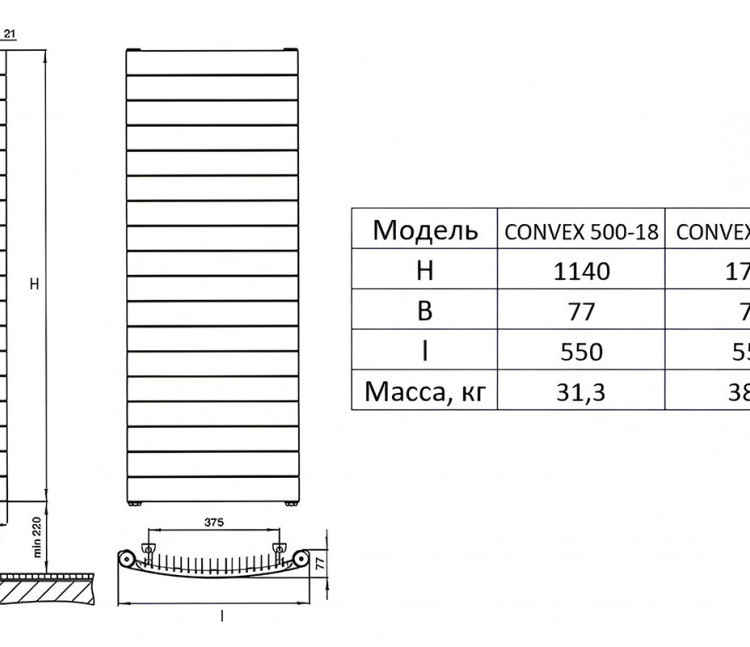Радиатор биметаллический RIFAR CONVEX 500 VENTIL 18 секций нижнее подключение Титан 2
