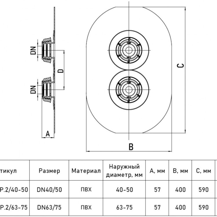 Гидроизоляционная мембрана HL800P.2/40-50 2xDN40/50 для прохода через фундамент, ПВХ полотно 2