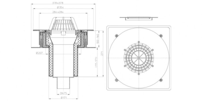 Кровельная воронка из профлиста HL63P/7 DN 75 с гидроизоляционным полотном из ПВХ