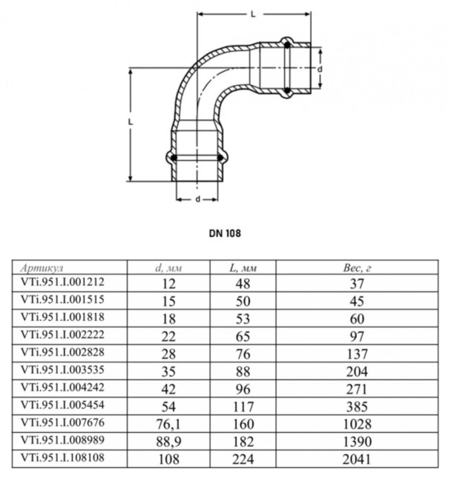 Угольник 90 градусов VALTEC VTi.951.I DN 108 PN 16 двухраструбный нержавеющая сталь