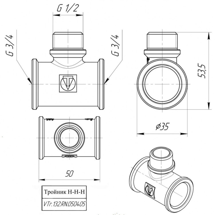 Латунный тройник VALTEC 3/4" х 1/2" х 3/4" переходной на наружную резьбу VTr.132.RN.050405 5