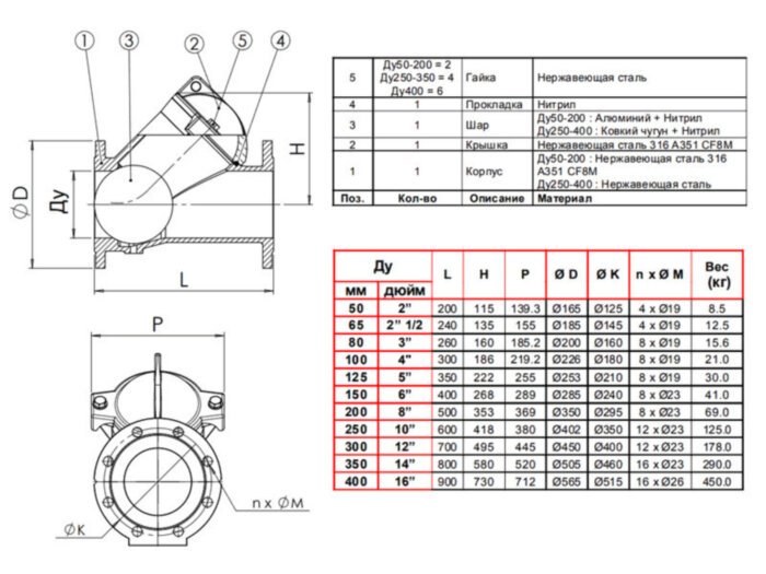 Клапан Tecofi CBL6240 DN 125 обратный шаровый фланцевый PN 16