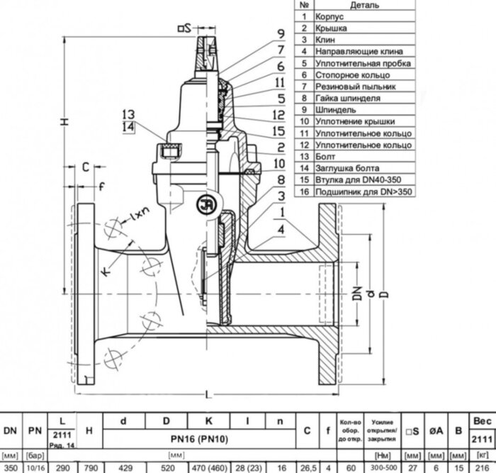 Задвижка JAFAR 2111 DN 350 PN10 фланцевая клиновая чугунная с обрезиненным клином