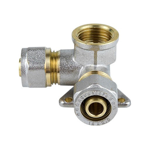 Тройник латунный Aquasfera 7010 DN 15x16 PN 16 резьба - 1/2'', покрытие - никель, с креплением, резьбовой ВР/компрессионный, 7010-01