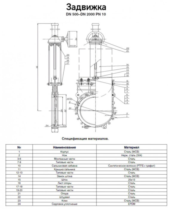 Задвижка Kvant KV02 DN 800 PN 10 шиберная межфланцевая со штурвалом